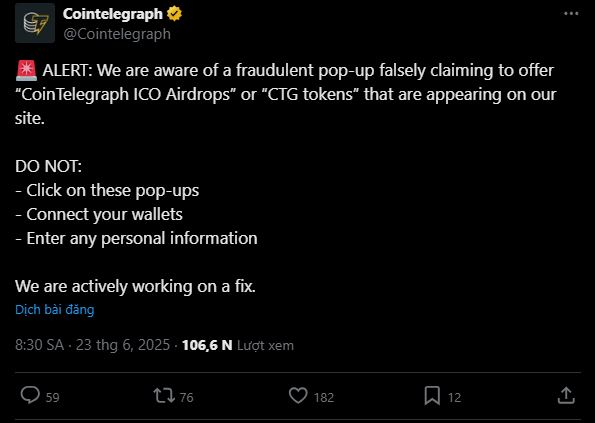 Hình ảnh bài viết: Cointelegraph bị hack giao diện, người dùng bị dụ kết nối ví nhận “token ảo”